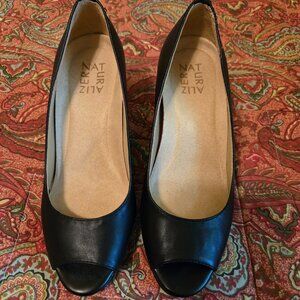 Naturalizer brand Black Leather 3 inch Peep-toe Wedges